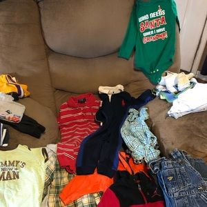 2 boxes of 12 month old boys clothes and extras